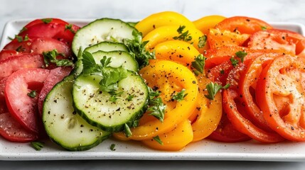 A vibrant arrangement of colorful vegetables on a plate, featuring sliced tomatoes, cucumbers, and bell peppers; a feast for the eyes celebrating healthy eating.