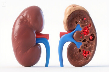 Anatomical illustration of healthy and diseased kidney depicting renal cancer pathology