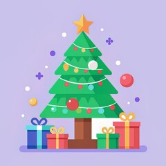 Flat Vector Christmas Tree with Decorated Gifts and Ornaments