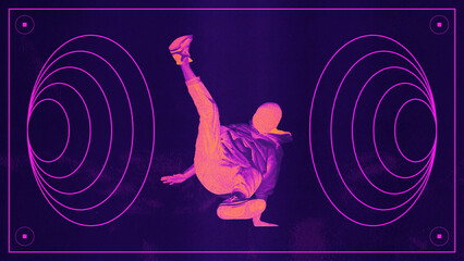 Street energy. Graphic art composition. Breakdancer is captured in mid-spin, set against a neon...