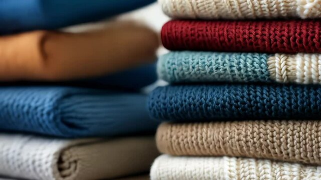 Hand knitted sweaters stacked atmosphere, creating a cozy and inviting neatly, perfect for the colder seasons
