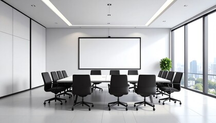 Modern conference room with large table and chairs.