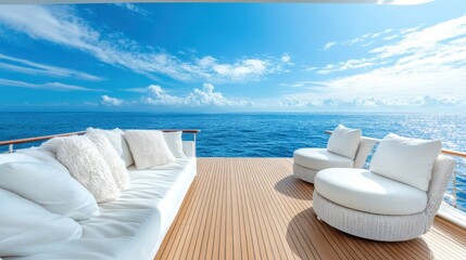 A serene yacht deck offers stunning ocean views under a clear sky, creating an inviting and serene atmosphere perfect for relaxation and leisure on the water's edge.