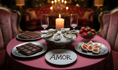 Naklejka premium Chocolate oysters strawberries figs romantic dinner