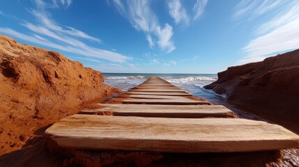 A long wooden dock stretches over the calm ocean waters, framed by dramatic red cliffs under a bright blue sky, creating a serene and picturesque seaside scene.