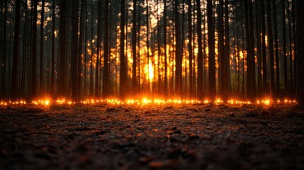 Obraz premium A captivating sunset viewed through tall pine trees in a forest, casting soft light and creating an enchanting atmosphere filled with warmth and tranquility.