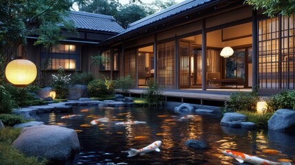 Serene Japanese Garden with Koi Pond, Lanterns, and Traditional Architecture