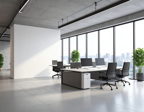 Modern office space with large windows and furniture.