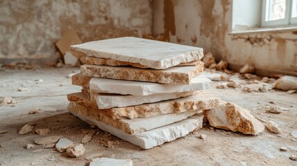 A collection of stacked marble tiles, resting on a dusty floor in an abandoned space, evoking a sense of decay, beauty, and potential for transformation in forgotten places.