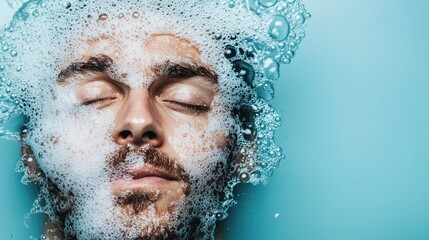 A serene image of a man submerged underwater with soap bubbles surrounding his face, conveying a sense of tranquility and peacefulness in a dreamy atmosphere.