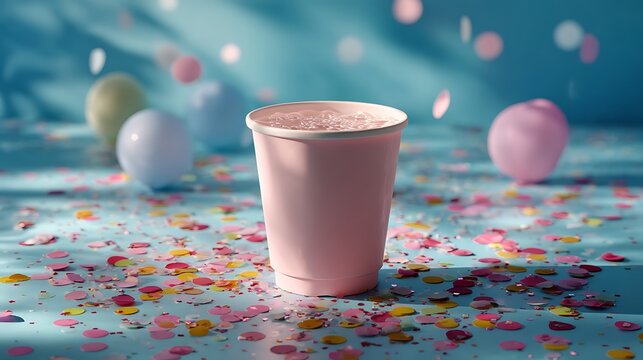 A pastel pink disposable cup surrounded by colorful confetti, bathed in soft glowing light, creating a playful and magical atmosphere on a blue background.