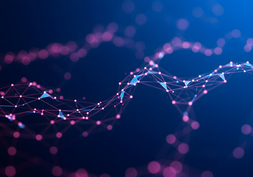 Abstract network of interconnected nodes and lines, with bokeh lights in the background, against a dark blue backdrop.