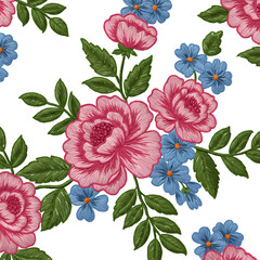 Pink and Blue Embroidered Roses on Black A Seamless Floral Pattern isolated on transparent bacckground