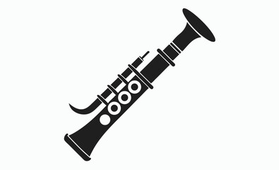 Clarinet silhouette icon, black wind instrument, minimalist music vector, white background design