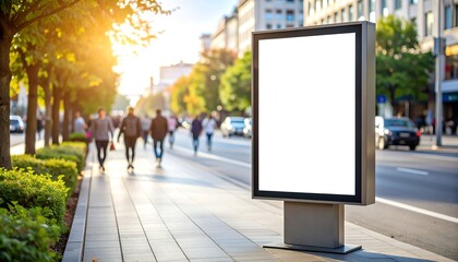 Urban billboard in a busy street with pedestrians.