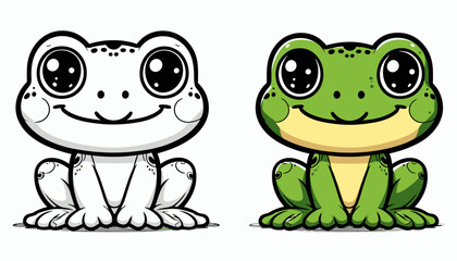 Cute Cartoon Frog Coloring Page and Colored Illustration