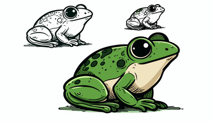 Cute Cartoon Frog Coloring Page and Colored Illustration