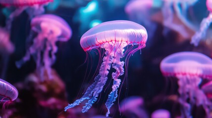 Moon Jellyfish Floating Gracefully in a Dark Aquarium with Pink and Blue Lighting