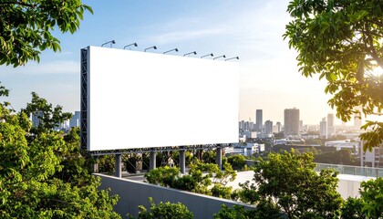 Empty billboard with cityscape in the background.
