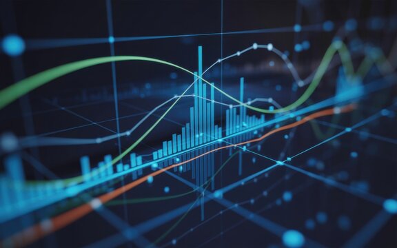 Futuristic financial data visualization dark blue & black background with cyan bar graph, green & orange trend lines – high tech analytics 