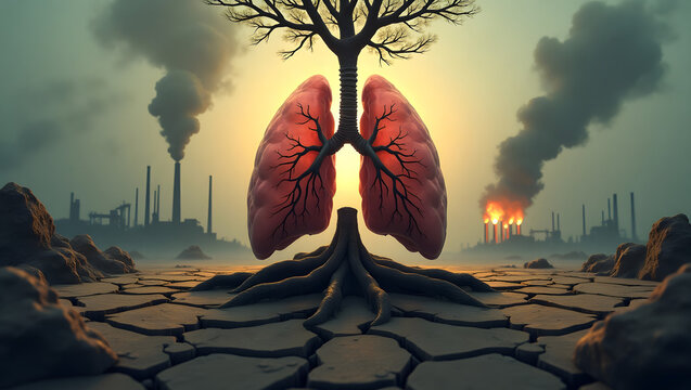 A hauntingly surreal illustration depicting the lungs as tree roots deeply entrenched in a deteriorating Earth