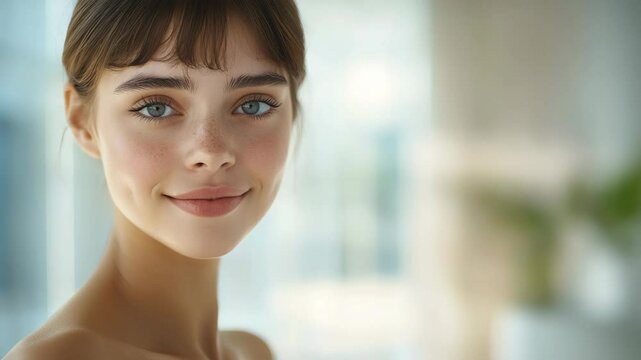 close  up face young Caucasian woman with no make up smiling peacefully at camera,  beauty skincare portrait theme 