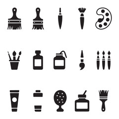 A collection of black and white vector icons depicting various art supplies vector art on white
