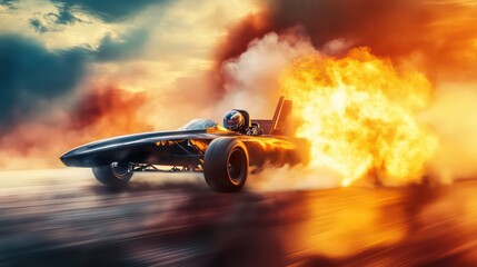Dragster igniting flames, racing with speed and power against a fiery sky