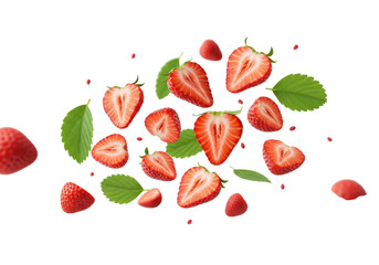 Freshly sliced strawberries in mid-air, with green leaves isolated on transparent png