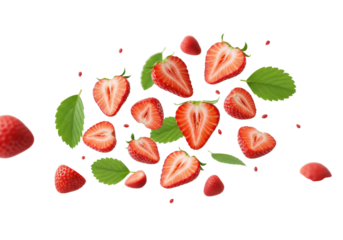 Freshly sliced strawberries in mid-air, with green leaves isolated on transparent png