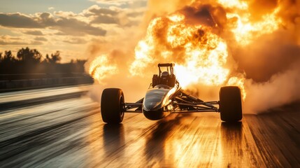 Dragster igniting flames at high speed on the track during a race event