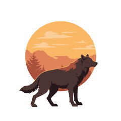A majestic wolf standing confidently against an orange backdrop of mountains and sunset