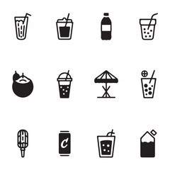 A set of nine black and white icons representing various summer beverages and beach-related items vector art on white