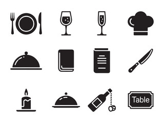 A collection of black silhouette icons representing various elements of a restaurant, A collection of black silhouette icons representing various elements of a restaurant.