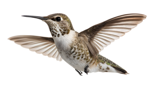Hummingbird feeding on a small flying gnat, close-up moment, hovering mid-flight, white background