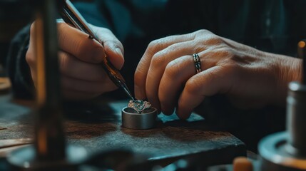 Jeweler meticulously setting a gemstone in a ring with precision tools under focused lighting