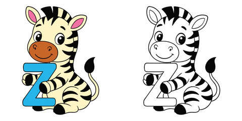 Cute Coloring Book Baby Zebra Cartoon Holding a Z Alphabet Letter Illustration