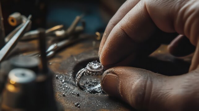 Jeweler's hands holding a diamond ring, showcasing craftsmanship and detail in a workshop setting