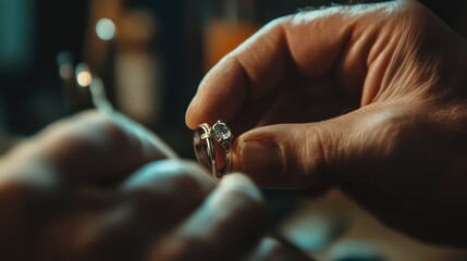 Jeweler Inspecting Diamond Ring Under Dim Light, Close-Up of Hands and Gold Band