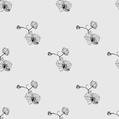 Seamless pattern with hand-drawn orchid flowers. Botanical pattern. Elegant floral vector background perfect for textile, wallpaper, wrapping paper, and botanical designs.