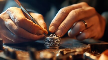 Jeweler meticulously setting a gemstone into an ornate silver ring with precision tools
