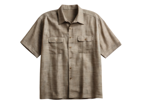 Mens beige short sleeve button down shirt casual wear, Isolated On Transparent Background