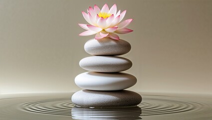 Balanced Zen Stack of Smooth White and Grey Pebbles Topped with a Serene Pink Lotus Flower, Symbolizing Spirituality, Harmony, Meditation, and Tranquility