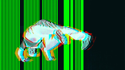 Glitch dance. Man with a glitch effect performs an aerial move against neon striped green background. Digital art transformation. Covers for techno events, digital art galleries, NFT, tech brands.