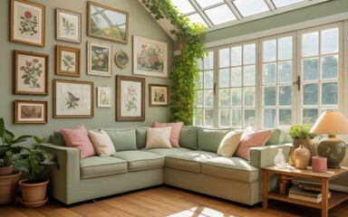 Vintage botanical sunroom featuring l shaped sage sofa with pink accents – floor to ceiling windows, cascading vine & curated gallery wall of floral art in wood frames 