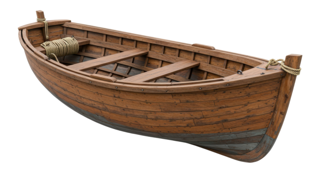 Wooden rowboat with rope and detailed wood grain isolated on transparent png