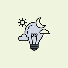 Lightbulb Icon with Sun Moon and Clouds Day Night Cycle Concept Illustration Pastel Color Palette Simple Line Art Design