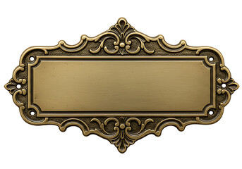 An ornate, vintage brass nameplate with a blank rectangular space, surrounded by detailed decorative flourishes and a Transparent background.