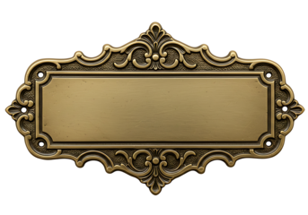 An ornate, vintage brass nameplate with a blank rectangular space, surrounded by detailed decorative flourishes and a Transparent background.