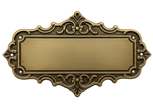 An ornate, vintage brass nameplate with a blank rectangular space, surrounded by detailed decorative flourishes and a Transparent background.